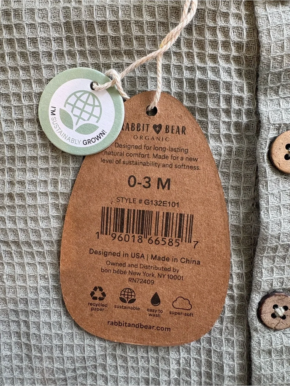 Rabbit + Bear Organic Sage Waffle Romper 0-3 months